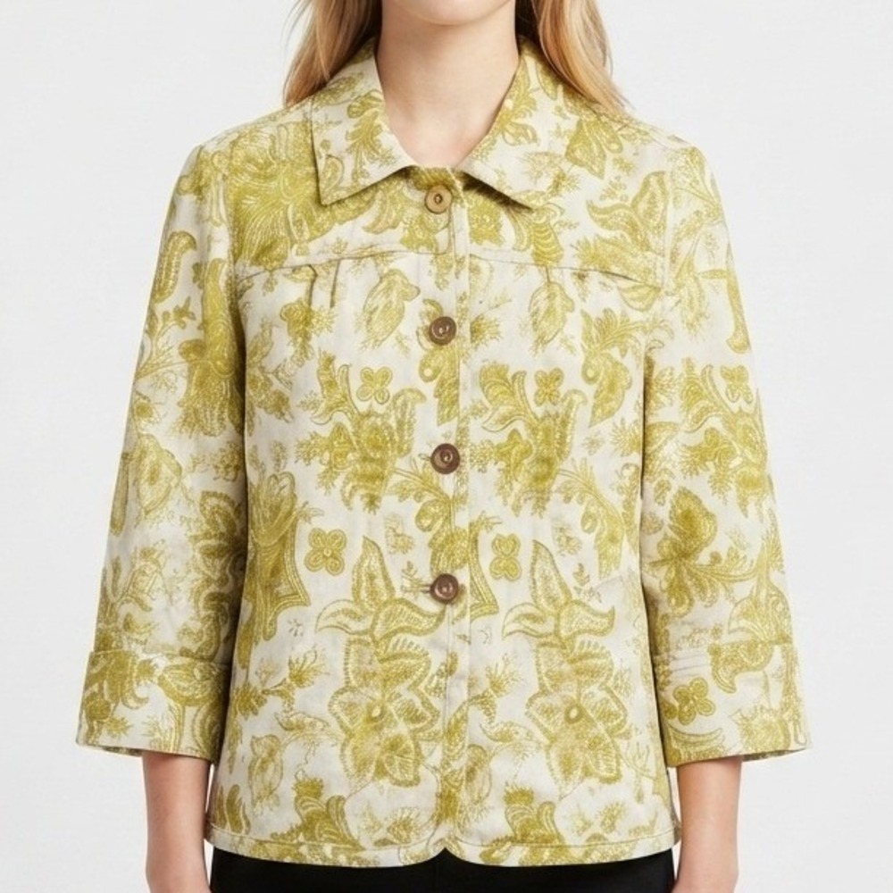 Charter Club Linen Jacket Womens Large Green Paisley Floral Button Up Light
